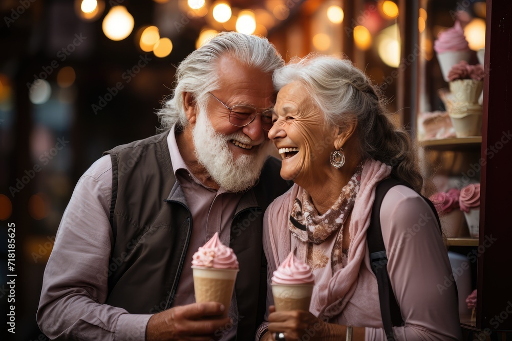 Beautiful sweet happy retired gray haired senior couple laughing, smiling, and eating ice cream in amusement park during festival. Joyful elderly people looking into each other eyes laughing Beautiful sweet happy retired gray haired senior couple laughing, smiling, and eating ice cream in amusement park during festival. Joyful elderly people looking into each other eyes laughing