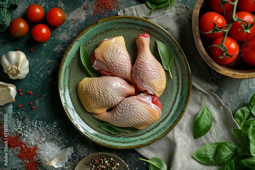 uncooked raw marinated chicken on plate photo