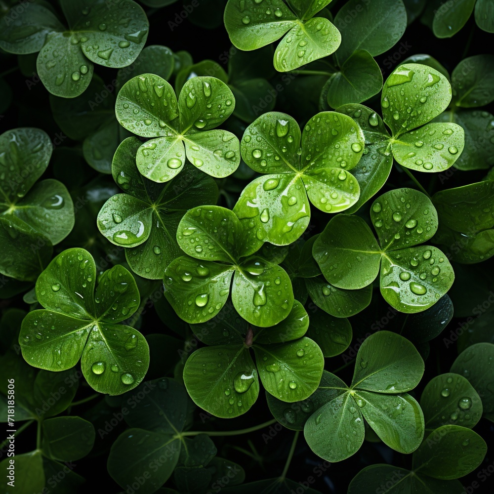 Fresh Green Clover Leaves with Raindrops - Symbol of Luck - St patrick's day - Green background Fresh Green Clover Leaves with Raindrops - Symbol of Luck - St patrick's day - Green background