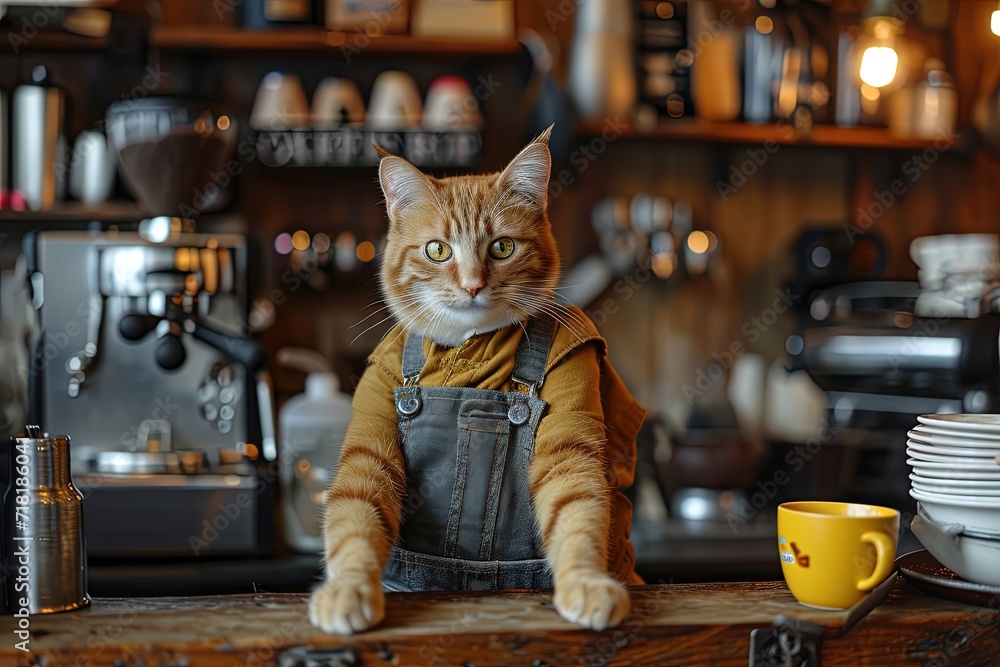 Cat Coffee Shop Barista Envision a cat behind a coffee shop counter