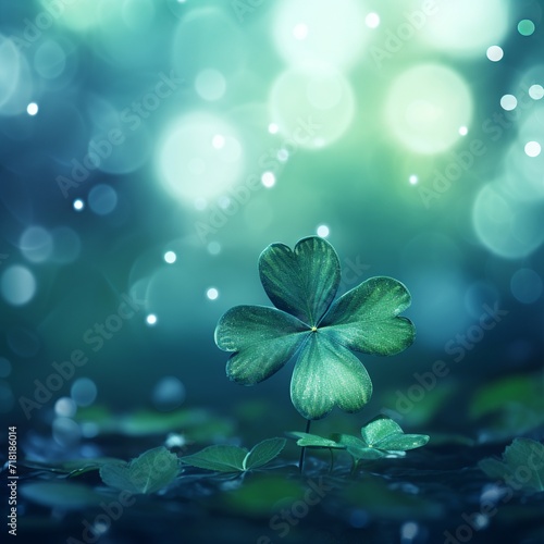  Solitary Shamrock on Darkened Foliage with Glowing Lights - St. Patrick's day background 