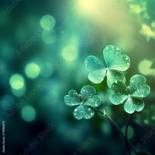 Trio of Luminescent Clovers against a Bokeh Light Backdrop - St. Patrick's day background