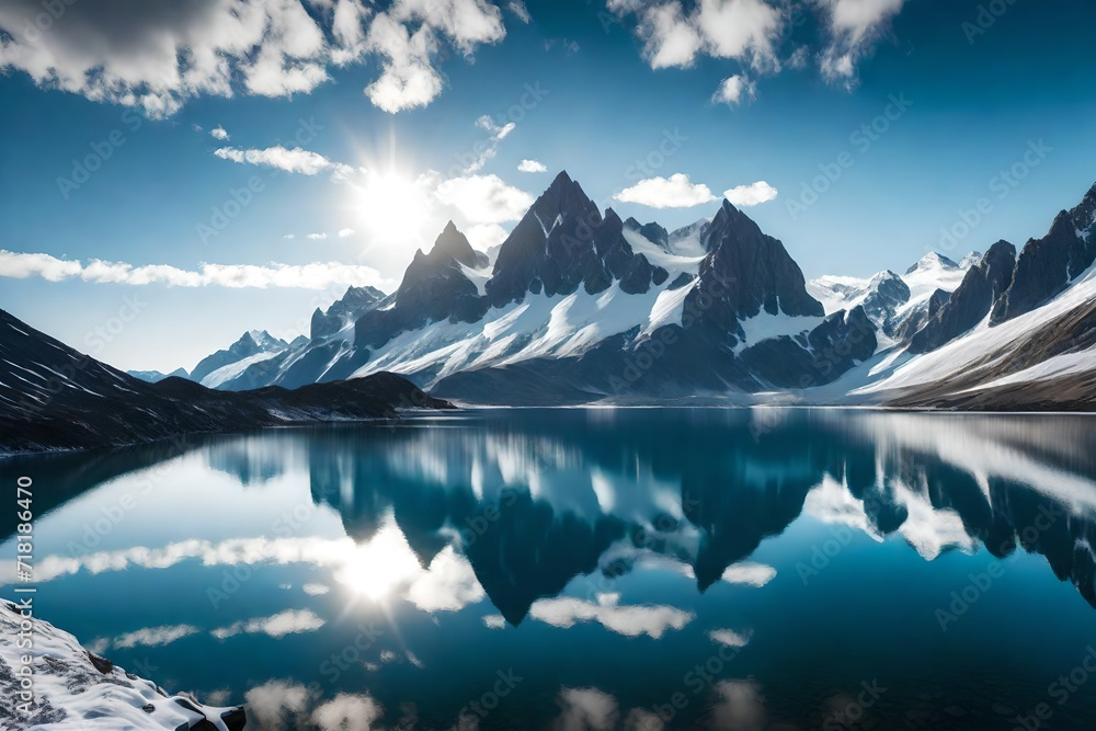A serene glacial lake surrounded by rugged, snow-capped peaks, with the calm water