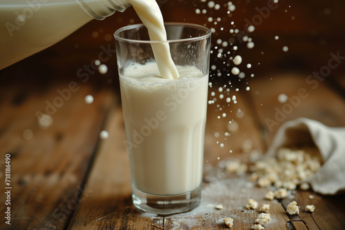Pouring milk in glass from a bottle on a wooden neutral background