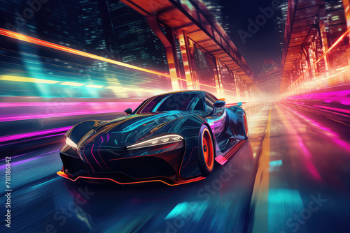3d illustration of Futuristic Sports Car On Neon Highway. Powerful acceleration of a supercar on a night track with colorful lights and trails.