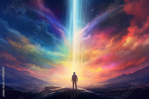 illustration painting of a man looking at a strange rainbow light rise in front., digital art style © ImagineDesign