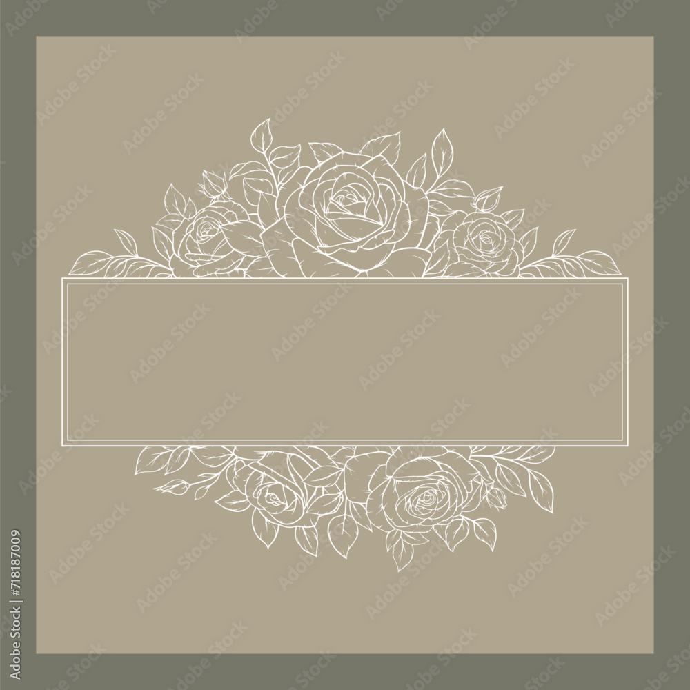 Elegant floral frame with roses and leaves line art