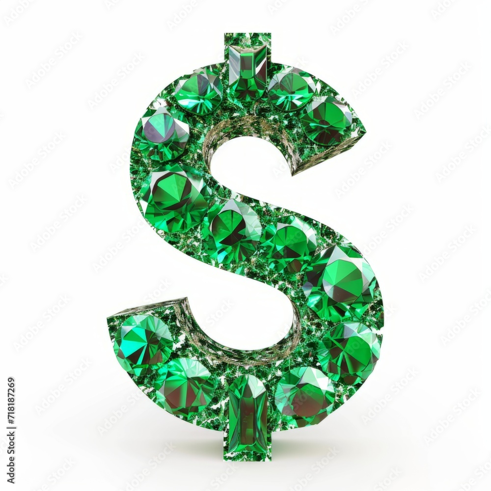Emerald Crystal Dollar Sign on White Background. Photorealistic Buck Sign on white backdrop. Square Illustration. Ai Generated Finance and Currency 3D Symbol. Emerald Crystal Dollar Sign on White Background. Photorealistic Buck Sign on white backdrop. Square Illustration. Ai Generated Finance and Currency 3D Symbol.
