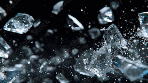 Numerous small broken pieces of crystal scattered in the air. The background is black. ethereal.