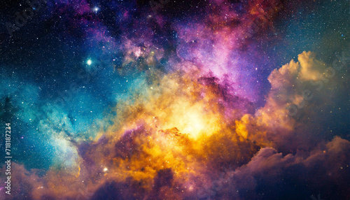 Abstract illustration  Colorful space galaxy cloud nebula. Stary night cosmos. Universe science astronomy. Supernova background wallpaper. Contrasting heaven and hell concept art