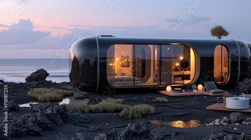 Black glossy tiny house in black desert on beach, capsule round form, evening dusk, stones, dark style photo