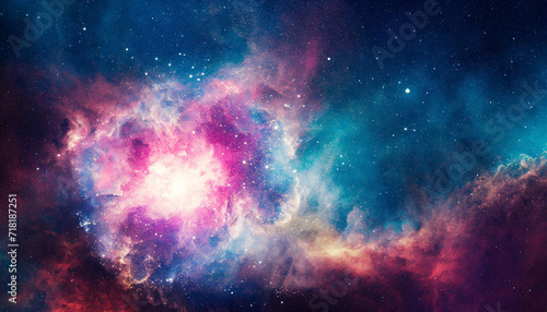 Abstract illustration, Colorful space galaxy cloud nebula. Stary night cosmos. Universe science astronomy. Supernova background wallpaper. Contrasting heaven and hell concept art