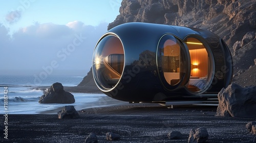 Black glossy tiny house in black desert on beach, capsule round form, evening dusk, stones, dark style photo