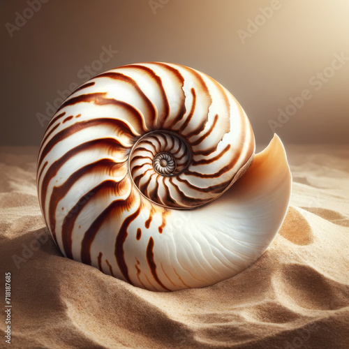 Nautilus Shell on Sandy Beach in Sunlight. A nautilus shell rests on a sandy beach bathed in warm sunlight.