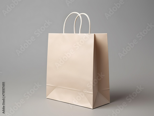 A cream-colored realistic paper bag mockup in a grey room. Suitable for product design, branding, and sales promotion purposes. Created with Generative AI.