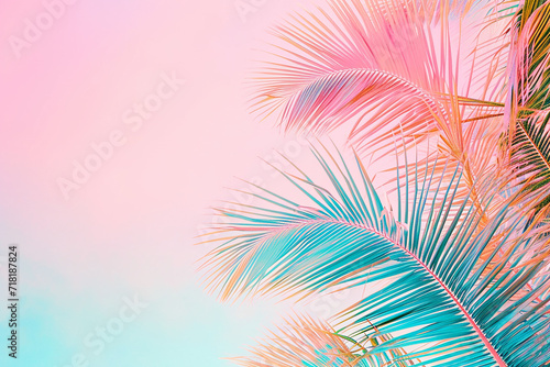 Coconut palm leaves on pastel color background - Vintage Filter Summer concept.