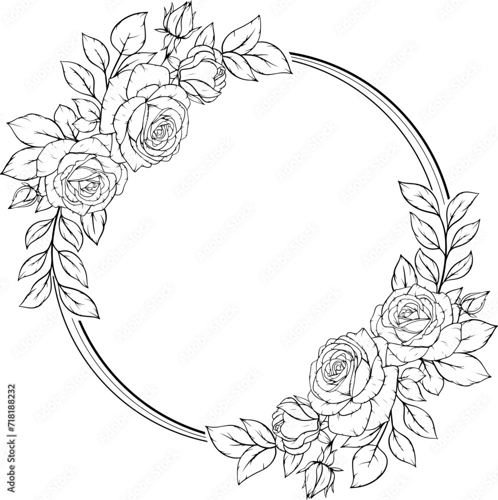 Geometric floral frame with roses line art for wedding invitations or elegant stationery. Geometric floral frame with roses line art for wedding invitations or elegant stationery.