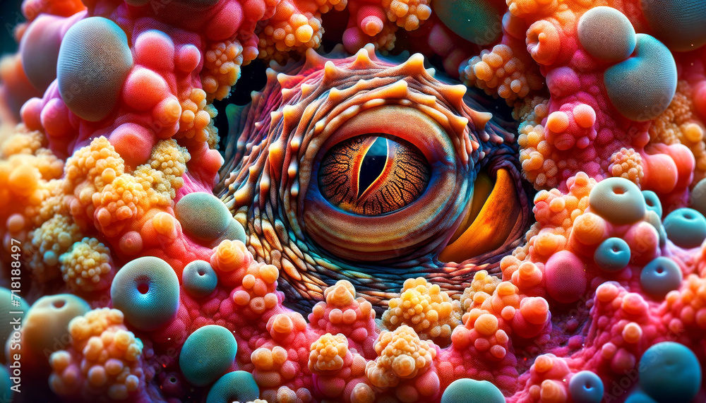 Close-up of an Octopus Eye Surrounded by Colourful Corals. A detailed view of an octopus eye surrounded by vibrant corals in its aquatic habitat. - obrazy, fototapety, plakaty 