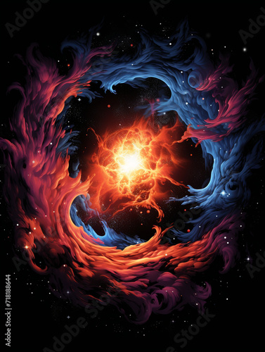 T-shirt design, A nebula in space with orange color in the center, in the style of crimson and blue сreated with Generative Ai