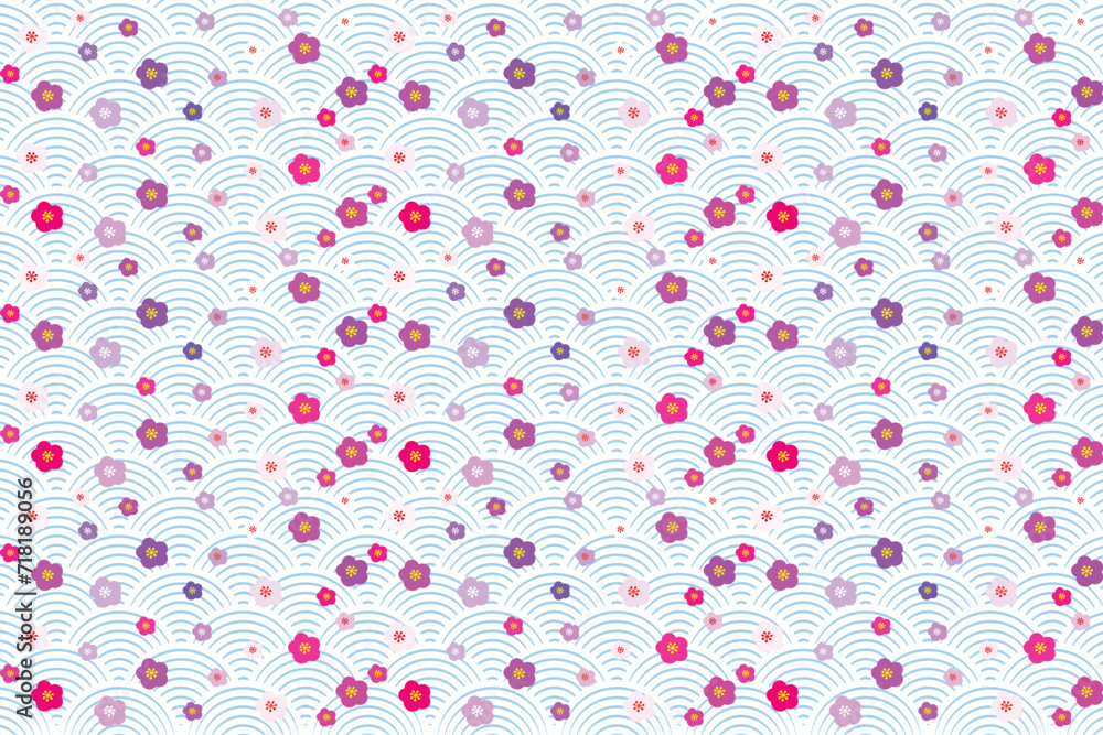 Illustration, Pattern of cherry blossom flower on japan wave background.