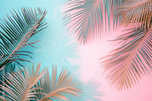 Tropical palm leaves on pastel pink and blue background. Summer concept.