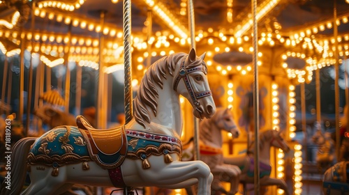 charming vintage carousel adorned with intricate designs and vibrant lights, evoking a sense of nostalgia and whimsy photo
