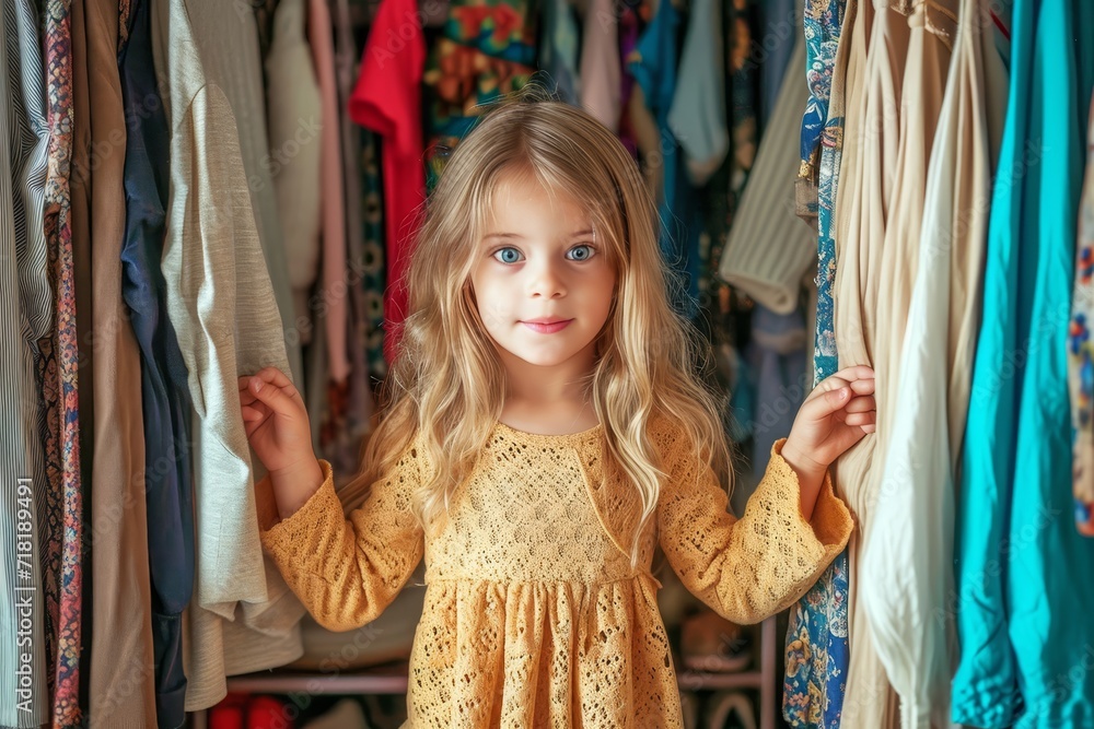 A young girl, her face filled with determination, stands tall in a cluttered closet, surrounded by an array of colorful clothing as she carefully selects the perfect dress for her next adventure