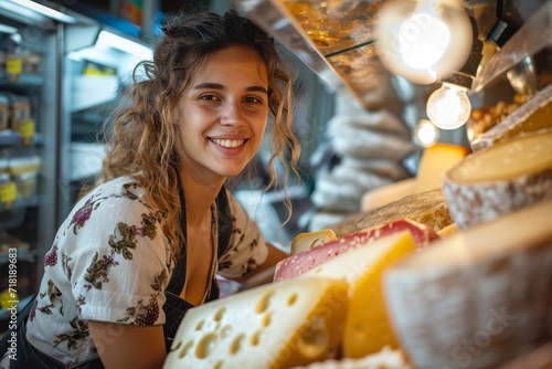 A happy woman poses for the camera while enjoying a quick bite at a bustling fast food shop inside a busy market photo