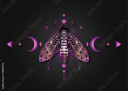 The death's head moth on Sacred Geometry. Night mystical butterfly with a skull and Moon Phases. Purple luxury vector illustration of celestial Acherontia winged insect isolated on black background 