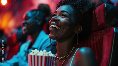 a young african-american woman with popcorn watching movie in cinema laughing, cinema and theatre. Created with Generative Ai technology.