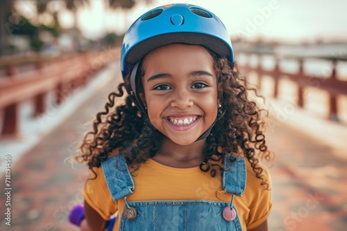 A young girl's beaming smile lights up the outdoor scene as she confidently wears her helmet, ready to explore the world on the ground below
