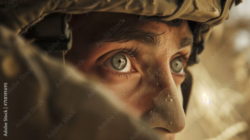 Soldier with green eyes and mud on his face Soldier with green eyes and mud on his face
