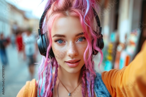 A vibrant woman captures her unique style and love for music in a street selfie, with her pink dreadlocks framing her face and her bold red lips matching her rebellious attitude © Pinklife