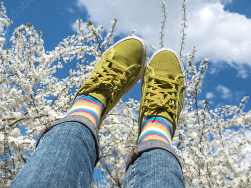 Trendy sneakers and colorful socks on the background of flowering trees. Closeup  outdoors. Men s and women s fashion style. Beauty and elegance concept