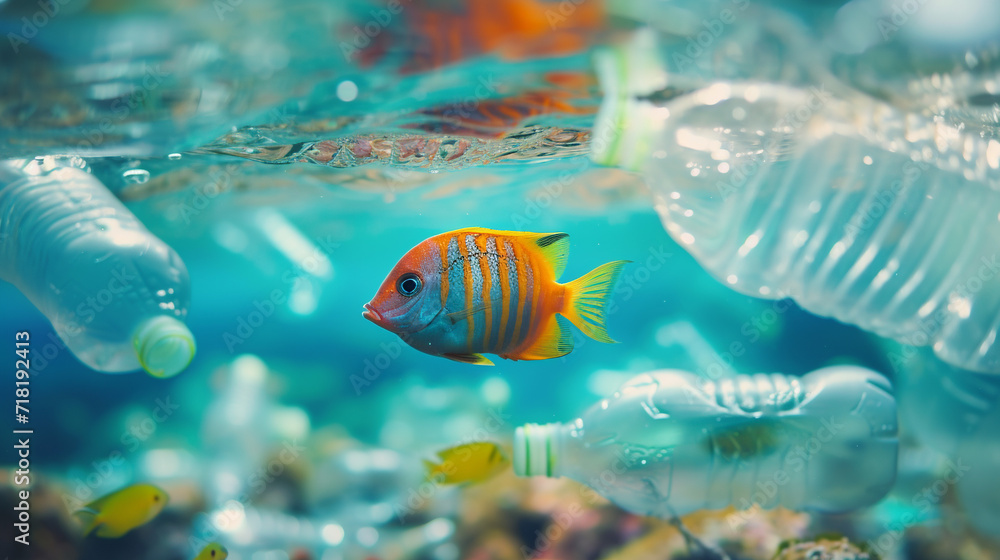 Fototapeta premium Sea life pollution, plastic waste in the ocean.