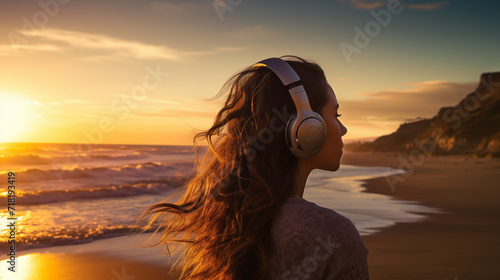 Jeune femme aux cheveux longs écoutant de la musique avec un casque sur les oreilles. Devant un coucher de soleil sur une plage. Paysage, musique, détente, calme. Pour conception et création graphique photo