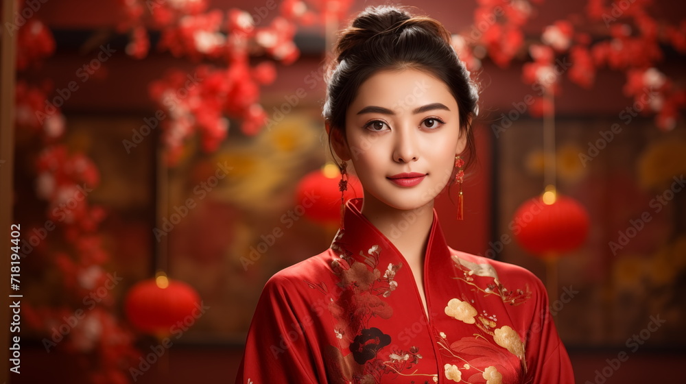 Close up portrait asian chinese woman in traditional cheongsam qipao dress on blurred red lantern background. Chinese new year. Generated AI. Close up portrait asian chinese woman in traditional cheongsam qipao dress on blurred red lantern background. Chinese new year. Generated AI.