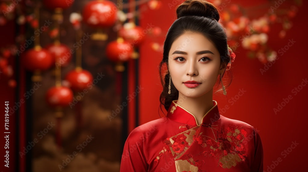Close up portrait asian chinese woman in traditional cheongsam qipao dress on blurred red lantern background. Chinese new year. Generated AI. Close up portrait asian chinese woman in traditional cheongsam qipao dress on blurred red lantern background. Chinese new year. Generated AI.