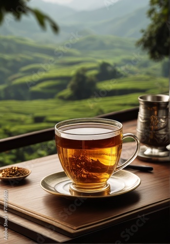 Royal Cup of green tea with green tea farming background