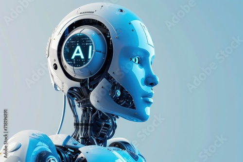 A white metal robot futuristic technology on digital blue blurred background. AI generated © Leafart