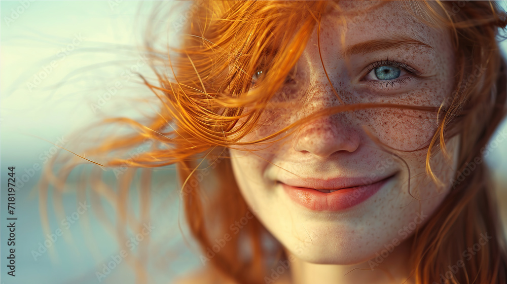 portrait of a happy girl with beautiful eyes and long red hair developing from the wind portrait of a happy girl with beautiful eyes and long red hair developing from the wind
