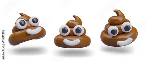 Funny brown poop with eyes and smiling mouth. Sarcastic emoticon for social networks. Symbol of trouble, disgust. Realistic template, view from different angles