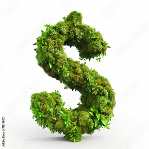 Moss Dollar Sign on White Background. Photorealistic Buck Sign on white backdrop. Square Illustration. Ai Generated Finance and Currency 3D Symbol.