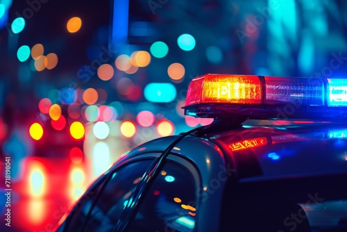 Police Car Siren Lights at Night with Blurred Bokeh Background