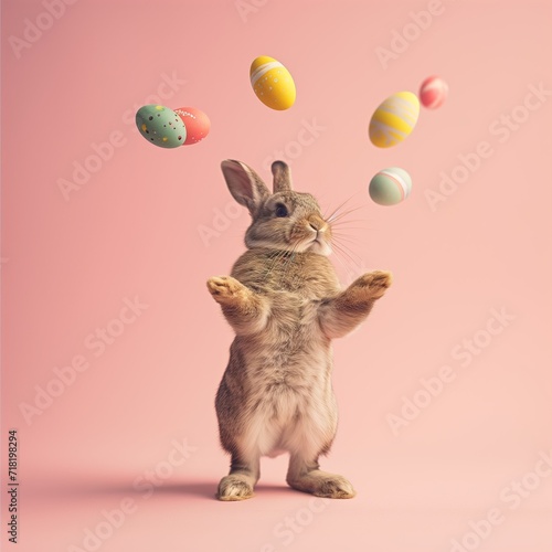 easter bunny jiggling with the easter eggs on light pink background in the studio