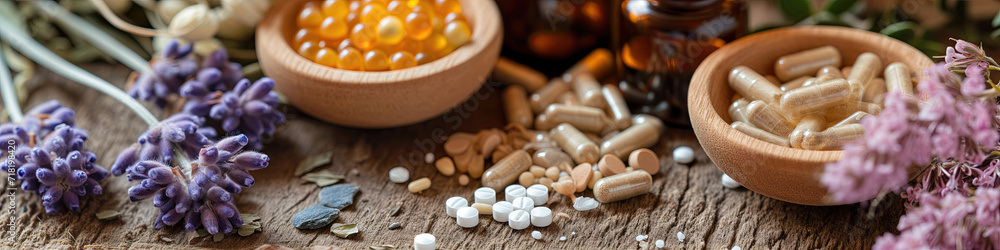 homeopathy capsules and dry flower petals 