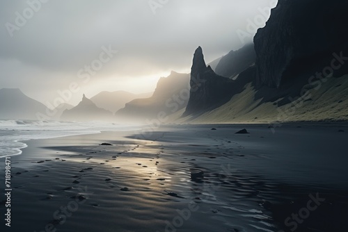  a beach that has a bunch of rocks in the sand and a body of water in the foreground with a mountain range in the background and a foggy sky.