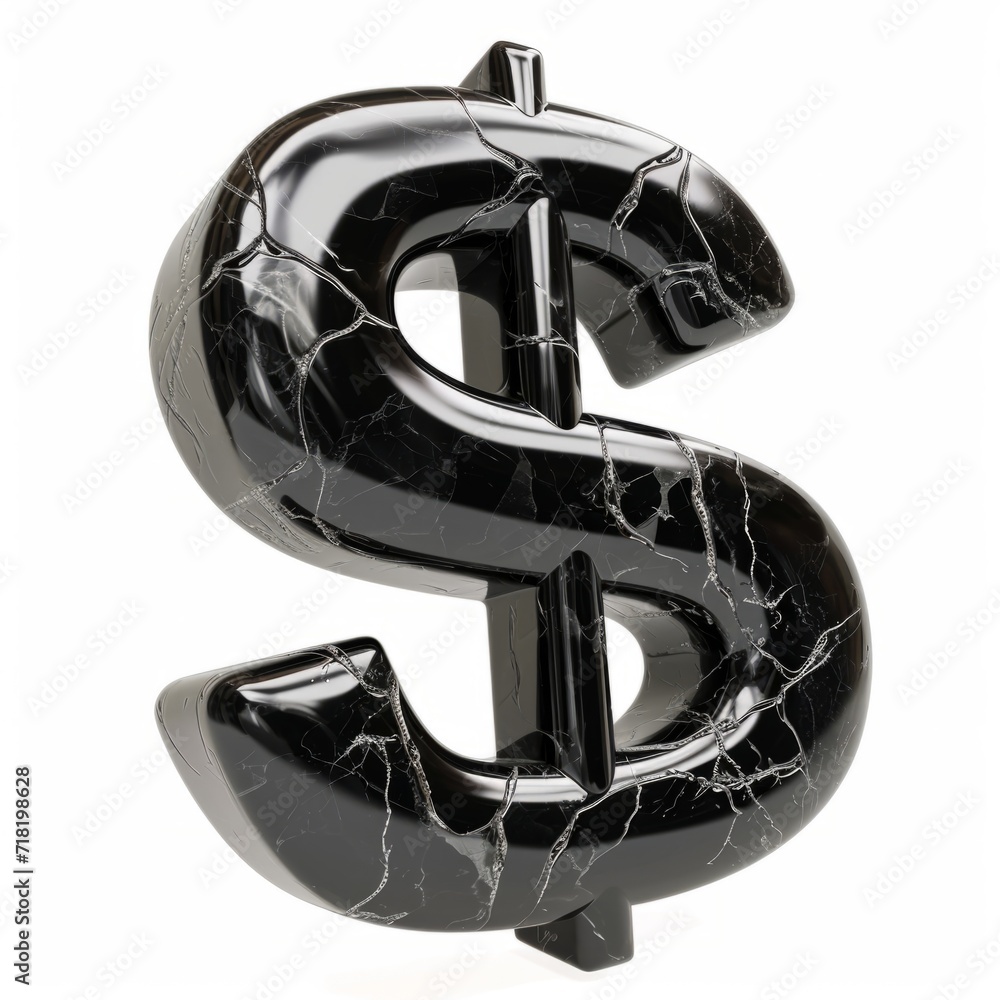 Naklejka premium Obsidian Stone Dollar Sign on White Background. Photorealistic Buck Sign on white backdrop. Square Illustration. Ai Generated Finance and Currency 3D Symbol.
