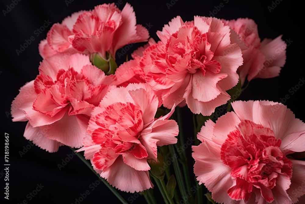 a bunch of pink carnations in a vase on a black background with space for a text or an image to put on a card or postcard or other item. a bunch of pink carnations in a vase on a black background with space for a text or an image to put on a card or postcard or other item.