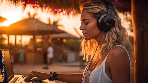 Femme DJ devant ses platines, sur une plage avec coucher de soleil. Ambiance festive, chaleureuse, vacances. Pour conception et création graphique. photo